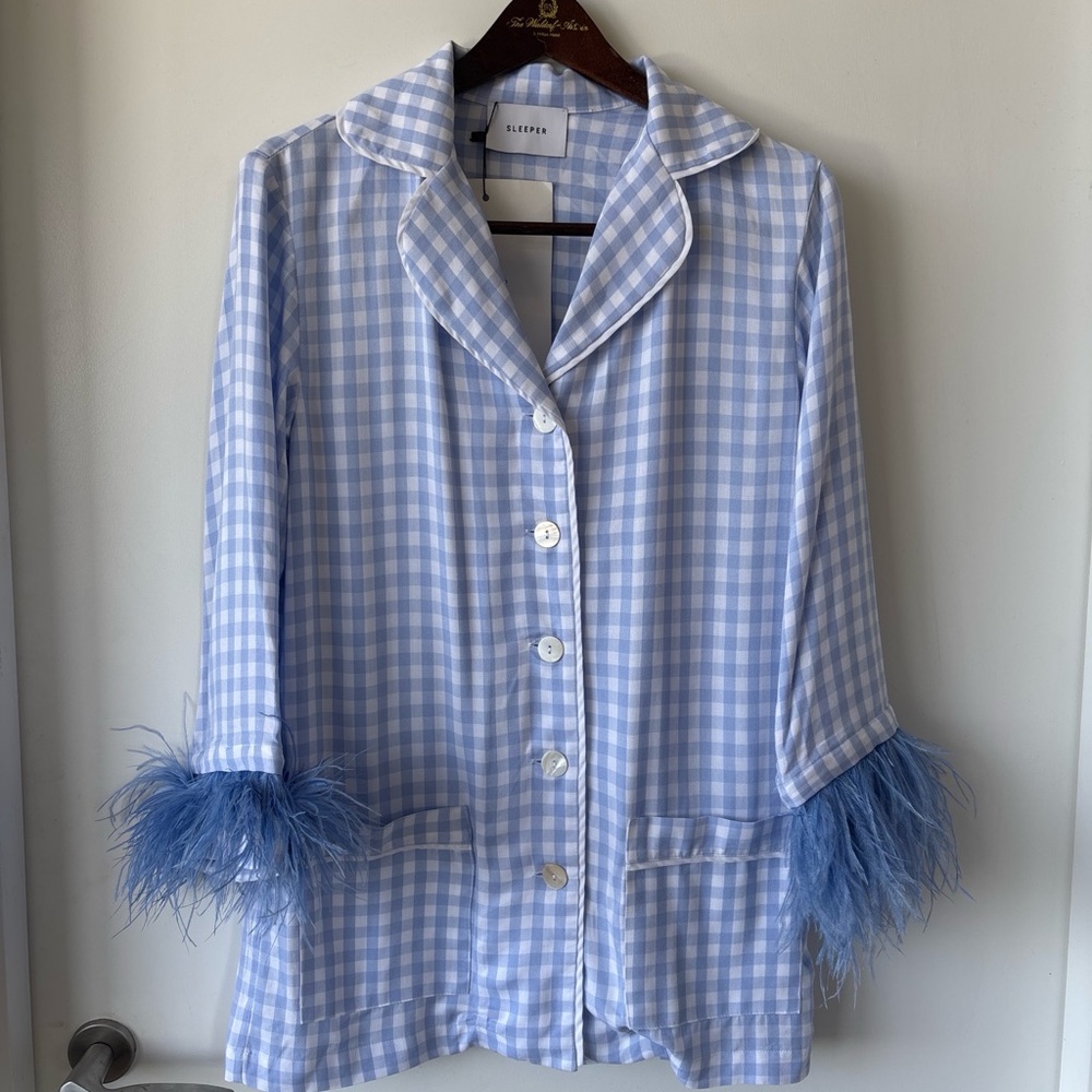 100% Genuine Ostrich Feather gingham print ‘Sleeper’ button down top